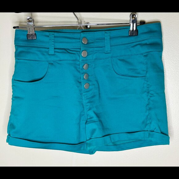 TINSELTOWN High Waisted Turquoise Stretchy Booty Shorts Multi Button Sz 5 - Picture 1 of 5